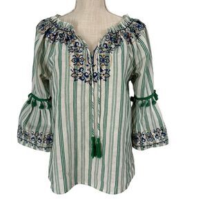 Jade Melody Tam Top Womens M Green Embroidery Stripe‎ Tassel Boho Anthro Peasant